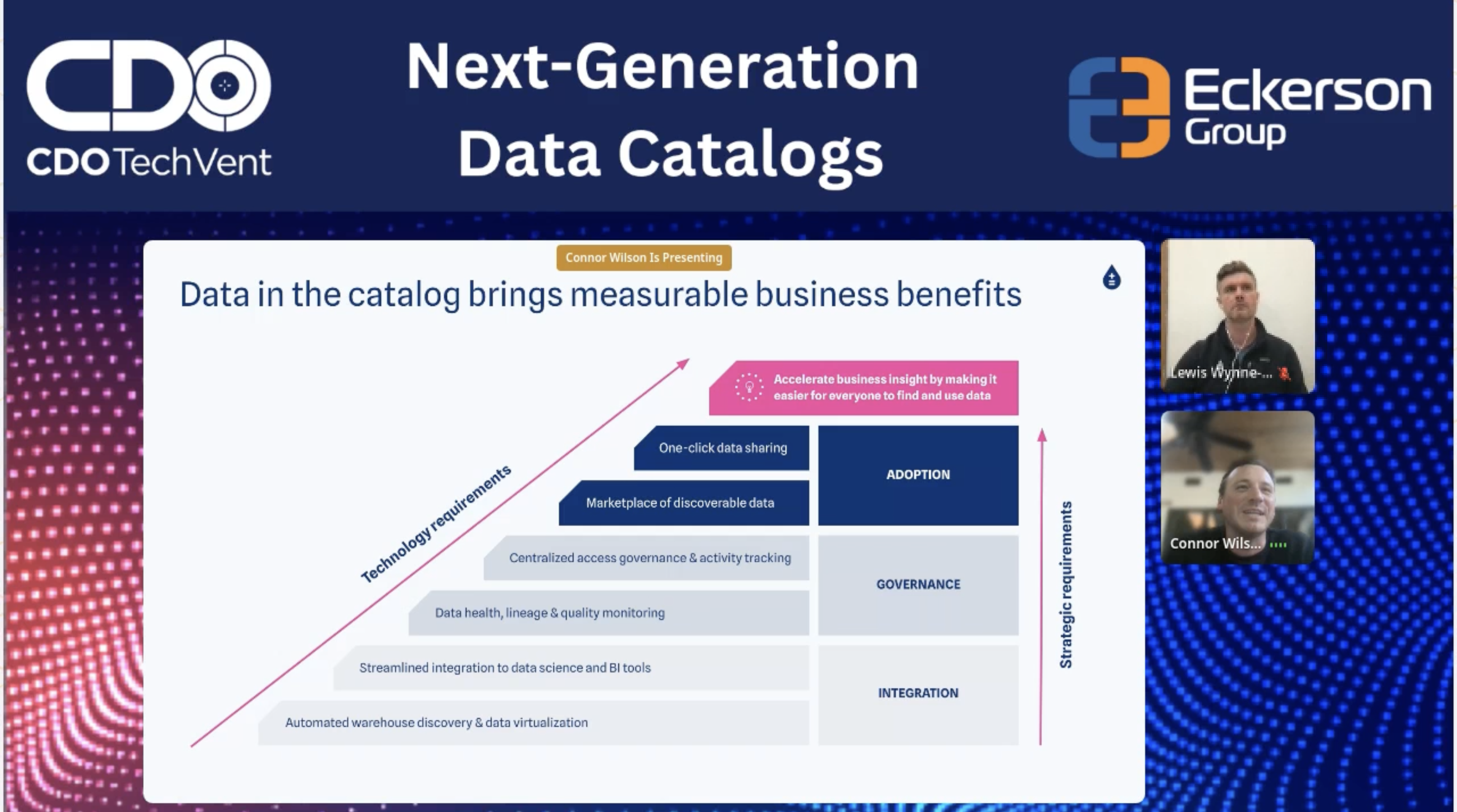 Presentation title: "Next-Generation Data Catalogs" with two presenters sharing a slide describing benefits of data catalogs (text too small to read)